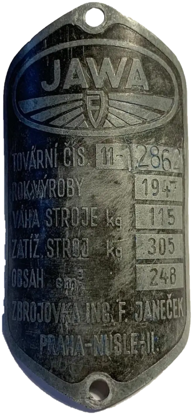Výrobní štítek Jawa, tovární číslo 11-12862, rok výroby 1947, Zbrojovka Ing. F. Janeček, Praha-Nusle II.